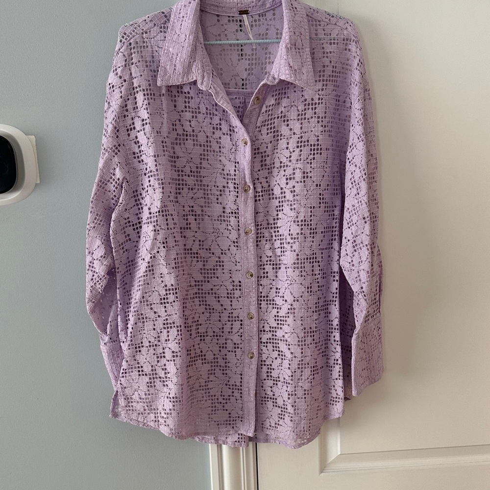 Free People Lilac Lace Button-Down Shirt
